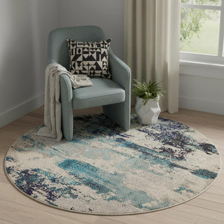 Home Outfitters 4' X 4' Ivory And Teal Blue Round Abstract Power Loom Non Skid Area Rug