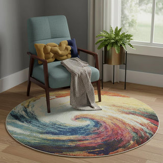 Home Outfitters 4' X 4' Wave Round Abstract Power Loom Non Skid Area Rug
