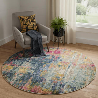 Home Outfitters 4' Blue And Yellow Abstract Round Rug