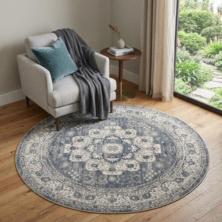 Home Outfitters 4' Grey And Ivory Round Oriental Power Loom Non Skid Area Rug