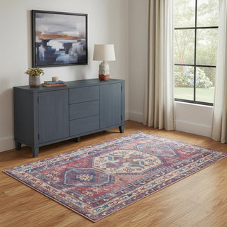 Home Outfitters 4' X 6' Red And Navy Oriental Power Loom Distressed Washable Area Rug