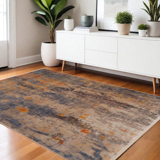 Home Outfitters 4' X 6' Gray Beige Blue And Yellow Abstract Power Loom Distressed Stain Resistant Area Rug