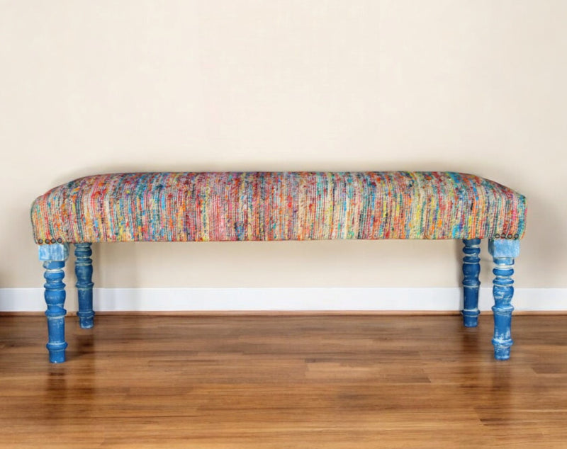 Home Outfitters 47" Rainbow Stripe Blue Leg Upholstered Bench