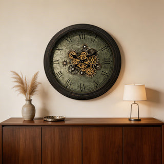  28" Circle Black and Gray Wood and Glass Analog Exposed Gear Wall Clock - front product view