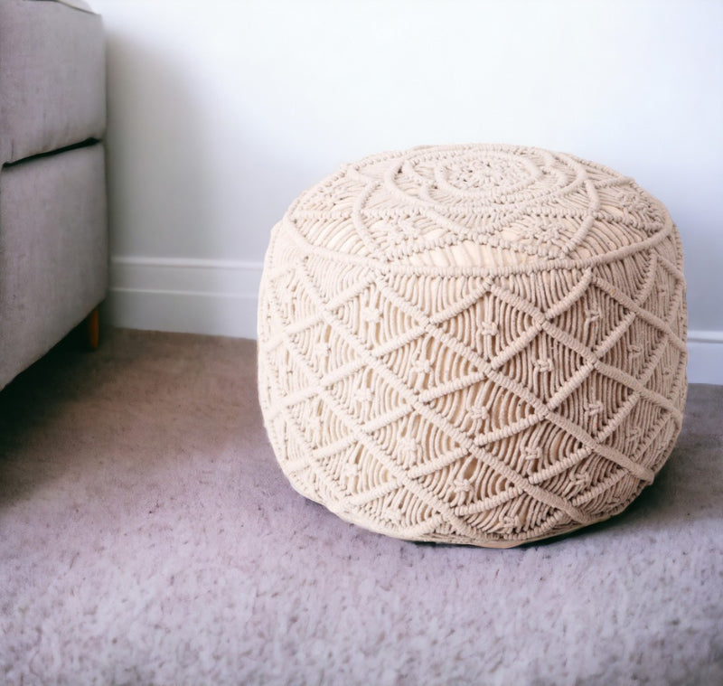 Home Outfitters 18" Ivory Cotton Blend Round Floral Pouf Ottoman