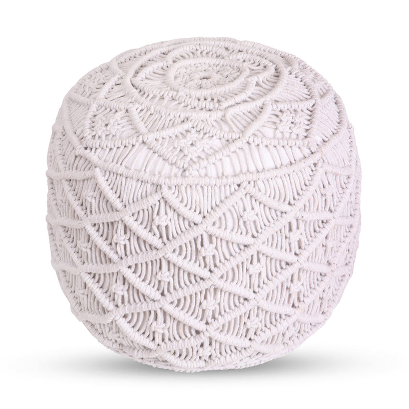 Home Outfitters 18" White Cotton Blend Round Floral Pouf Ottoman
