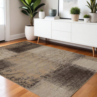 Home Outfitters 4' X 6' Beige Gray And Black Damask Distressed Stain Resistant Area Rug