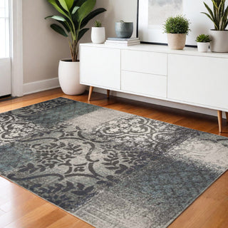 Home Outfitters 4' X 6' Teal And Gray Damask Distressed Stain Resistant Area Rug