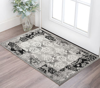 Home Outfitters 2' X 3' Black And Gray Damask Power Loom Distressed Stain Resistant Area Rug