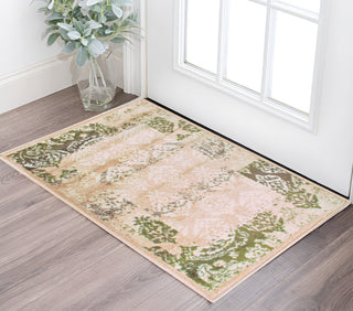 Home Outfitters 2' X 3' Beige Damask Power Loom Distressed Stain Resistant Area Rug