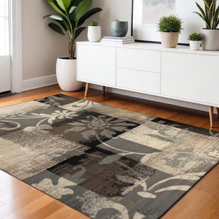 Home Outfitters 4' X 6' Beige And Gray Floral Power Loom Distressed Stain Resistant Area Rug