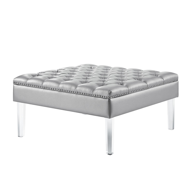 Home Outfitters 35" Silver Faux Leather And Clear Tufted Cocktail Ottoman