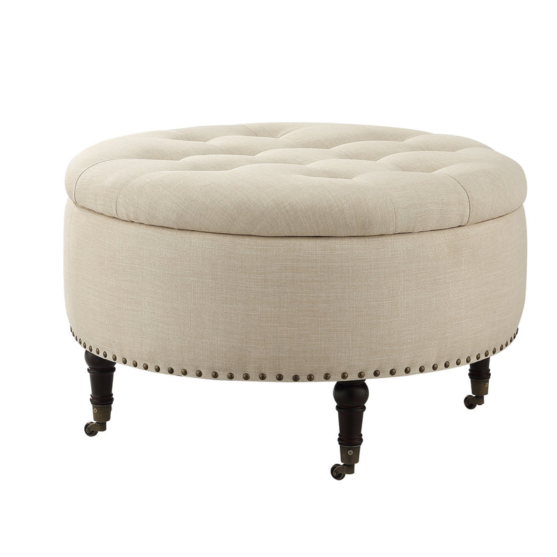 Home Outfitters 32" Beige Linen And Brown Rolling Tufted Round Storage