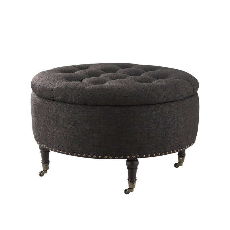 Home Outfitters 32" Charcoal Linen And Brown Rolling Tufted Round Storage