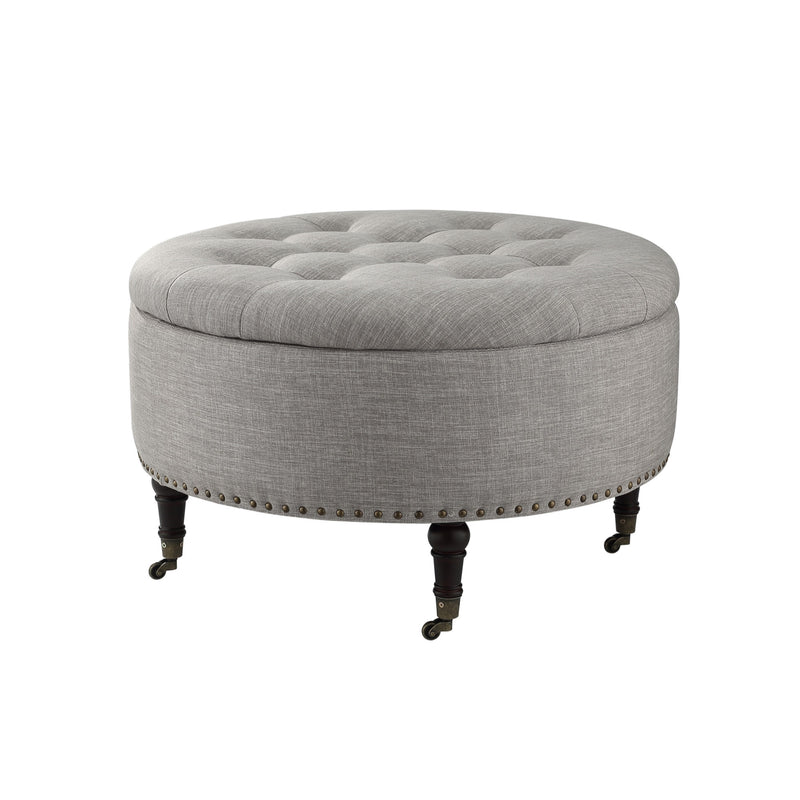 Home Outfitters 32" Gray Linen And Brown Rolling Tufted Round Storage