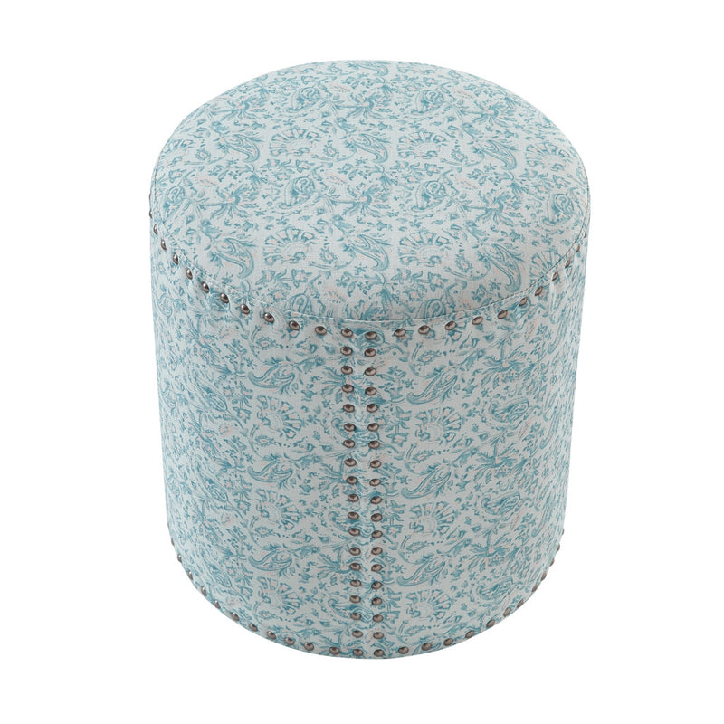 Home Outfitters 18" Blue Linen Round Floral Ottoman