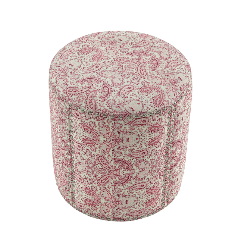 Home Outfitters 18" Red Linen Round Floral Ottoman