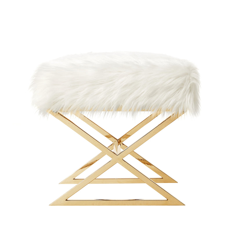Home Outfitters 18" White Faux Fur And Brass Ottoman