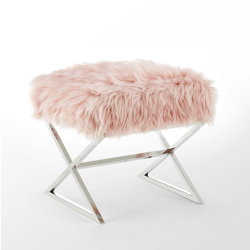 Home Outfitters 18" Rose Faux Fur And Silver Ottoman