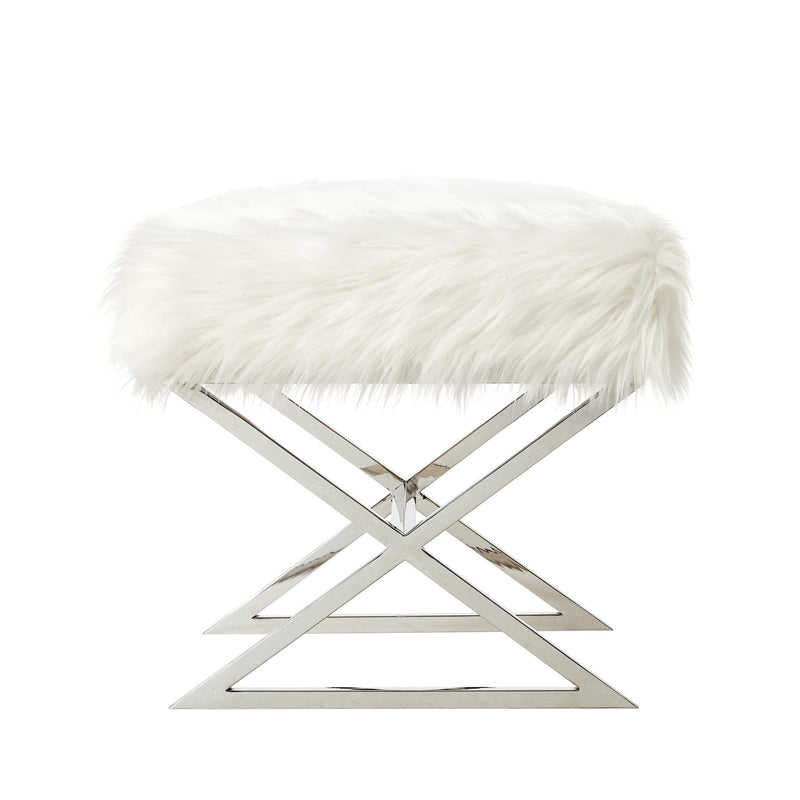 Home Outfitters 18" White Faux Fur And Silver Ottoman
