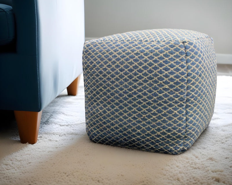 Home Outfitters 18" Blue and Beige Wool Cube Trellis Pouf Ottoman