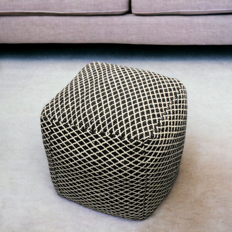 Home Outfitters 18" Black and Ivory Wool Cube Geometric Pouf Ottoman