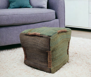 Home Outfitters 18" Green and Brown Jute Cube Pouf Ottoman