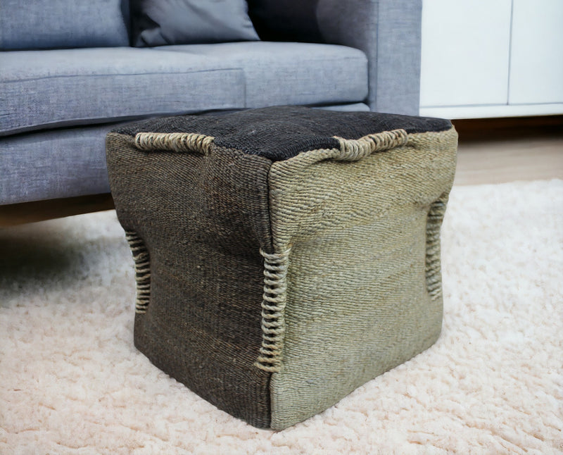 Home Outfitters 18" Black and Taupe Jute Cube Pouf Ottoman