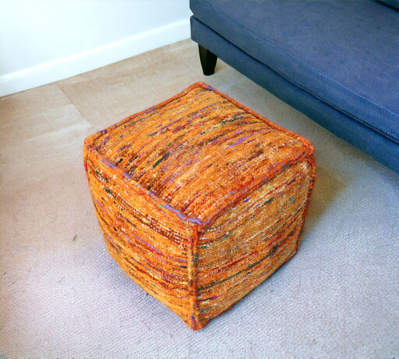 Home Outfitters 18" Orange Recycled Silk and Cotton Blend Cube Pouf Ottoman
