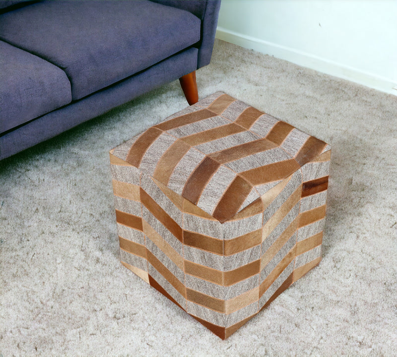 Home Outfitters 18" Gray and Bronze Hair on Hide Cube Chevron Pouf Ottoman