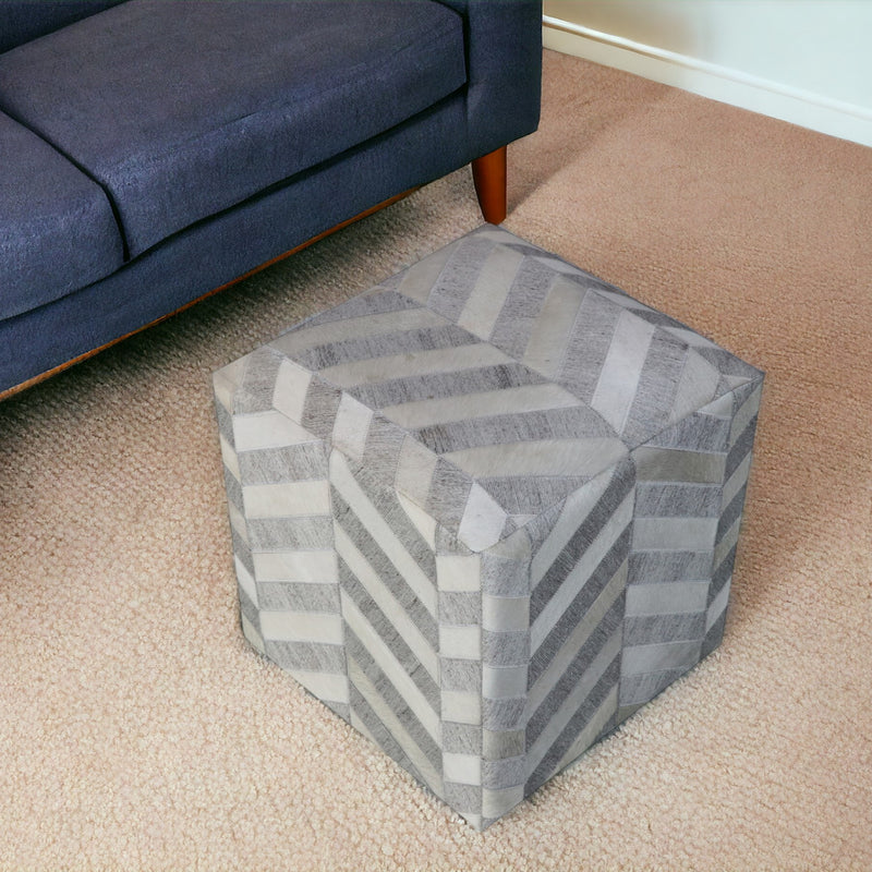 Home Outfitters 18" Gray and Ivory Hair on Hide Cube Chevron Pouf Ottoman