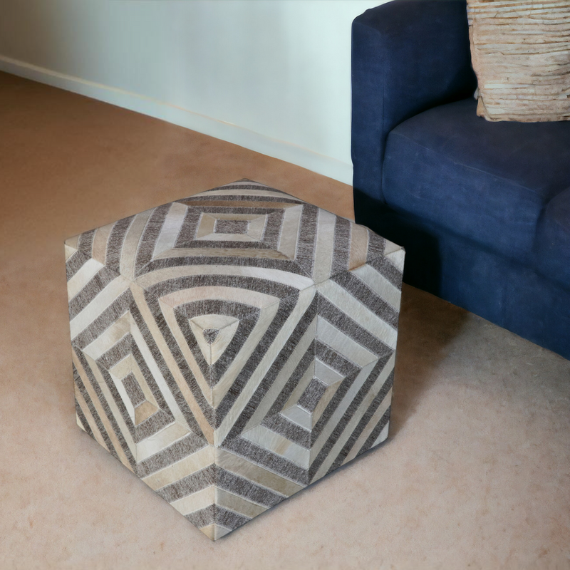 Home Outfitters 18" Gray and Beige Hair on Hide Cube Geometric Pouf Ottoman