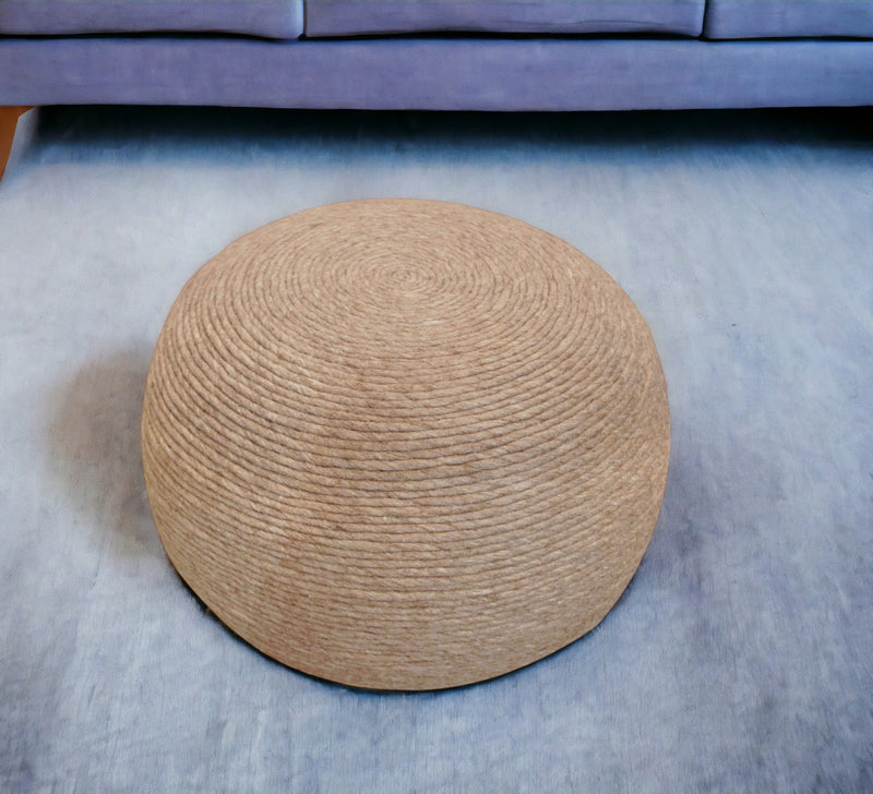 Home Outfitters 20" Beige Wool Round Ribbed Pouf Ottoman