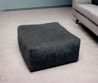 Home Outfitters 22" Black Distressed Leather Pouf Ottoman