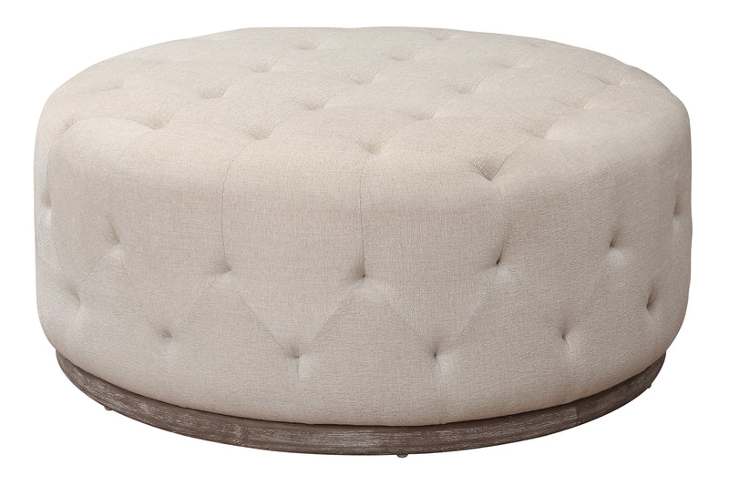 Home Outfitters 42" Ivory Velvet And Brown Tufted Round Ottoman