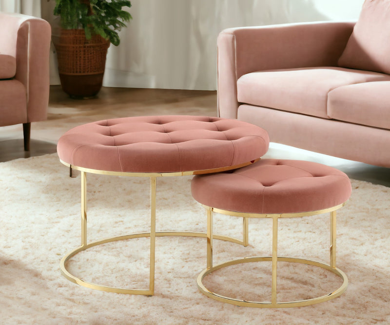 Home Outfitters Set of Two Blush Velvet and Gold Tufted Round Ottoman