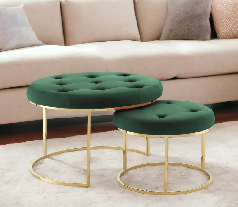 Home Outfitters Set of Two Green Velvet and Gold Tufted Round Ottomans