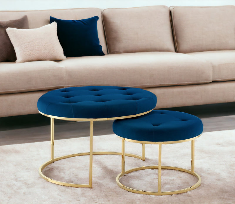 Home Outfitters Set of Two Navy Blue Velvet and Gold Tufted Round Ottomans