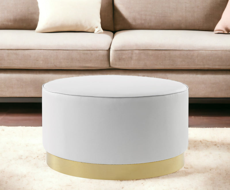 Home Outfitters 31" White Faux Leather and Gold Round Cocktail Ottoman