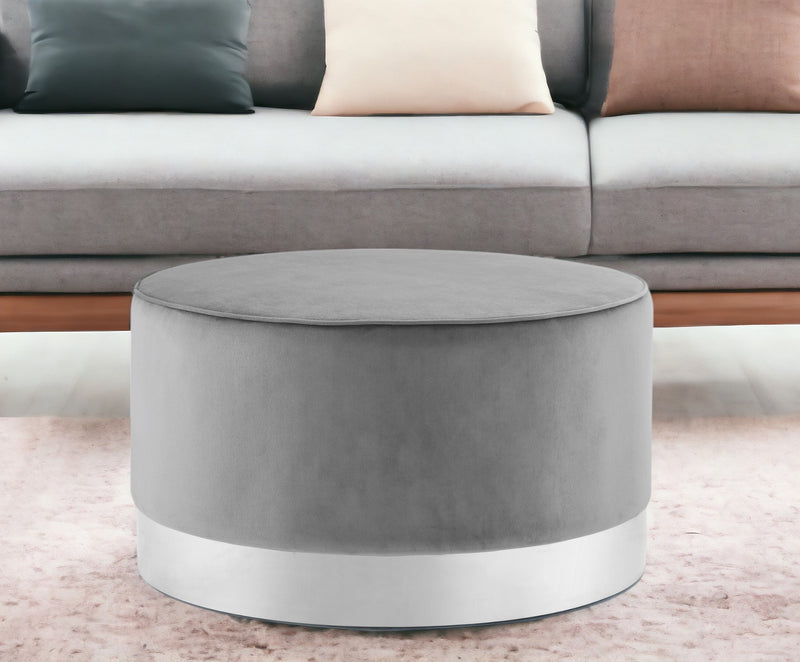 Home Outfitters 31" Gray Velvet and Silver Round Cocktail Ottoman