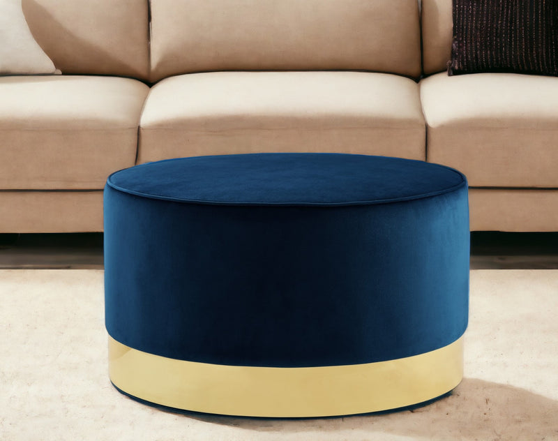 Home Outfitters 31" Navy Blue Velvet and Gold Round Cocktail Ottoman