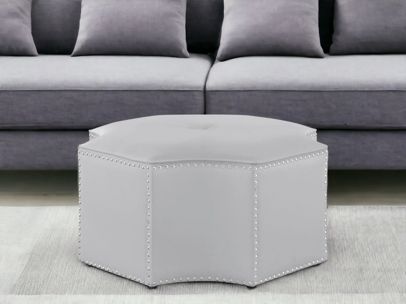 Home Outfitters 33" Silver Faux Leather Tufted Octagonal Cocktail Ottoman