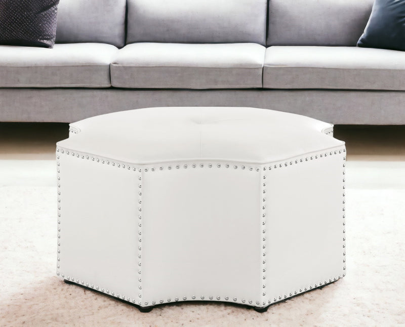 Home Outfitters 33" White Faux Leather Tufted Octagonal Cocktail Ottoman