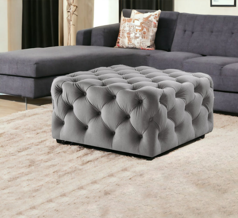 Home Outfitters 33" Gray Velvet Rolling Tufted Cocktail Ottoman