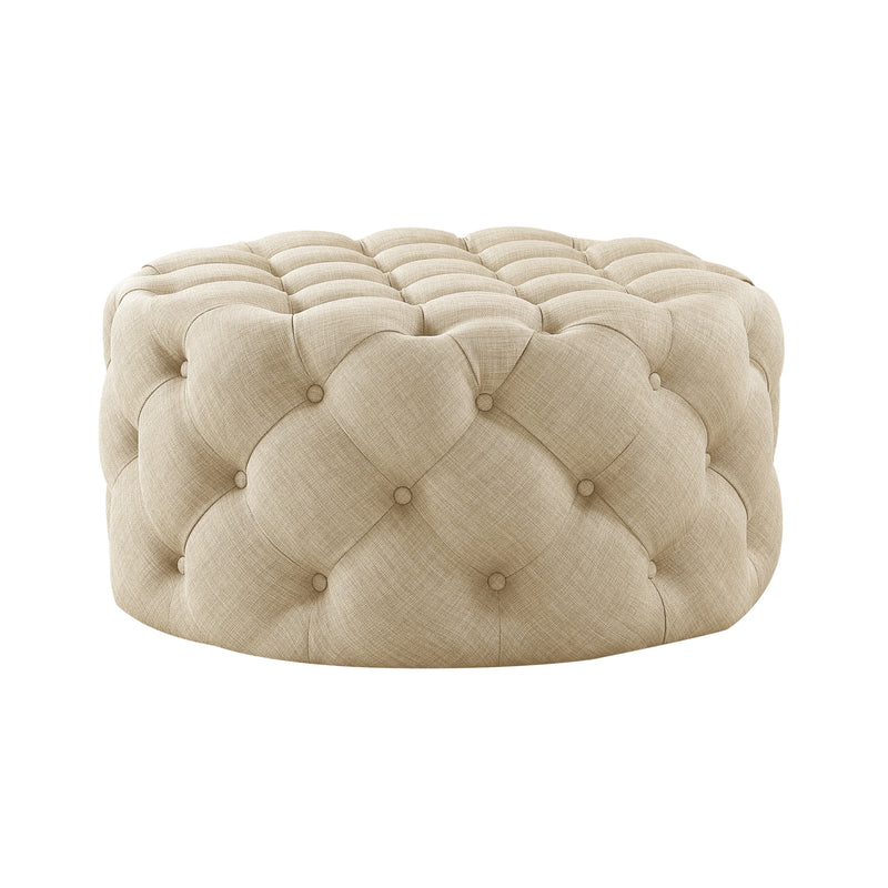 Home Outfitters 33" Beige Linen  Rolling Tufted Round Cocktail Ottoman