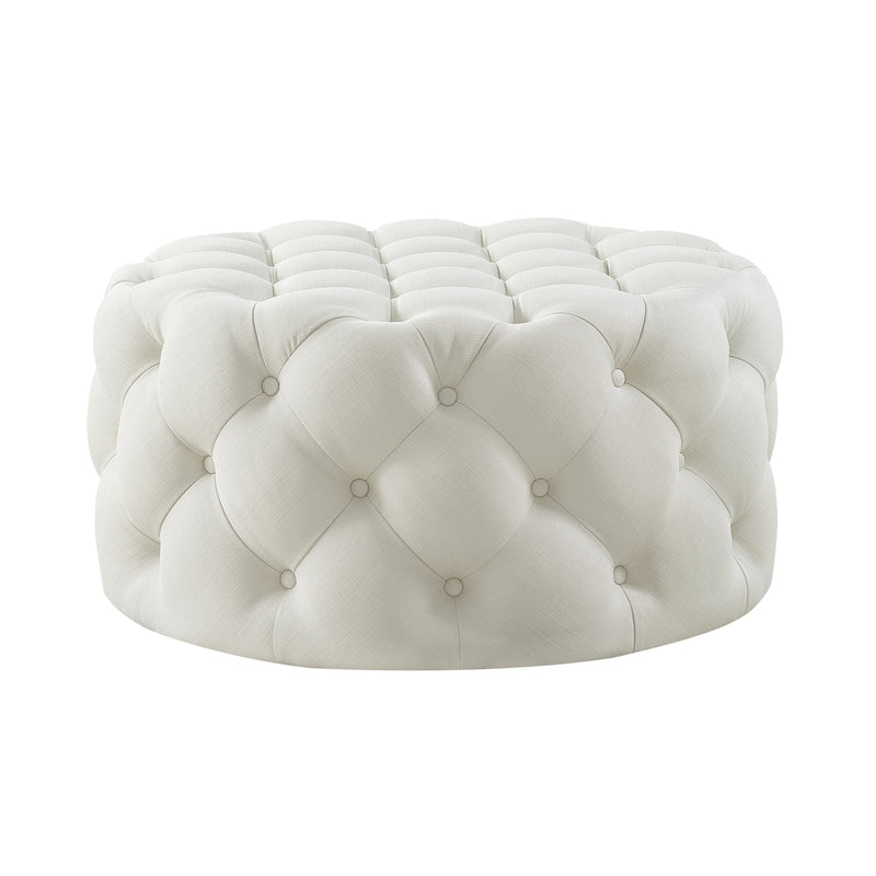 Home Outfitters 33" White Linen Rolling Tufted Round Cocktail Ottoman