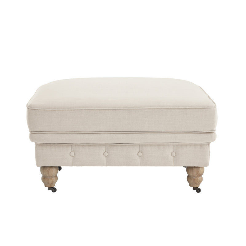 Home Outfitters 25" Beige Linen And Wood Brown Rolling Tufted Cocktail Ottoman