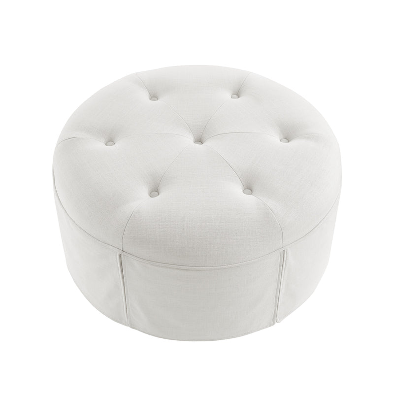 Home Outfitters 32" White Linen Tufted Round Cocktail Ottoman