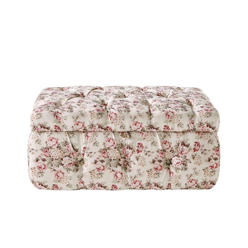 Home Outfitters 25" Ivory Pink and Green Linen Tufted Floral Storage Ottoman