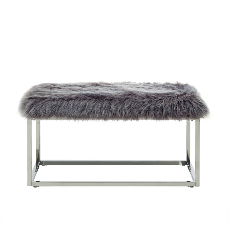 Home Outfitters 40" Gray And Silver Upholstered Faux Fur Bench